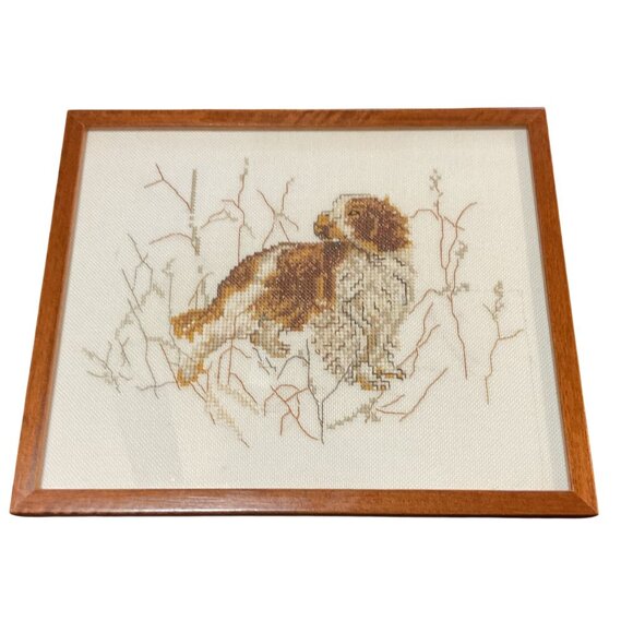 Vtg Cross Stitched Cocker Spaniel Framed Signed 9"L x 8"H Made In Holland 1997 - Picture 1 of 5